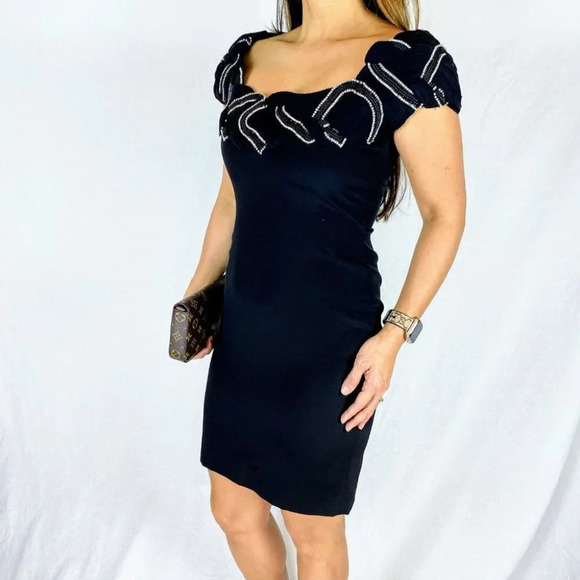 Marchesa Silk Jeweled Black Sheath Cocktail Dress - Picture 3 of 8